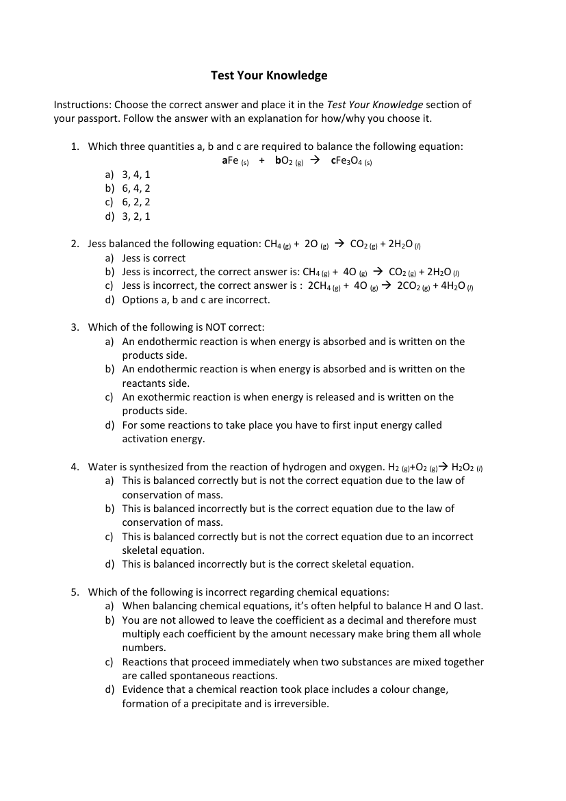Balancing Chemical Equations - Test your Knowledge
