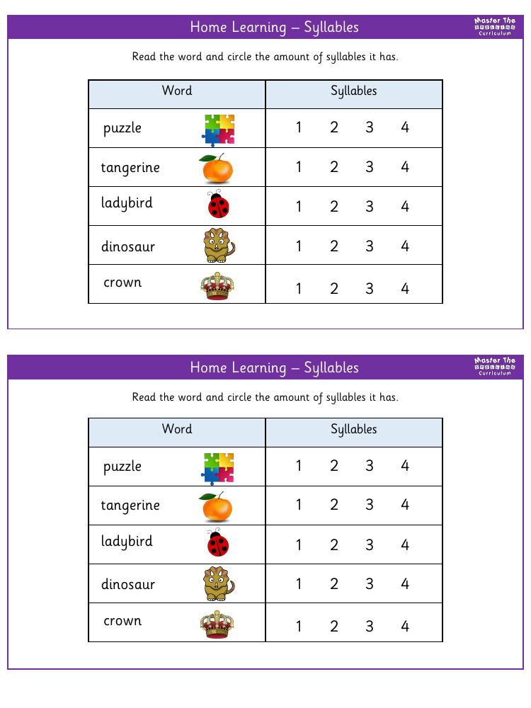 Spelling - Home learning - Syllables
