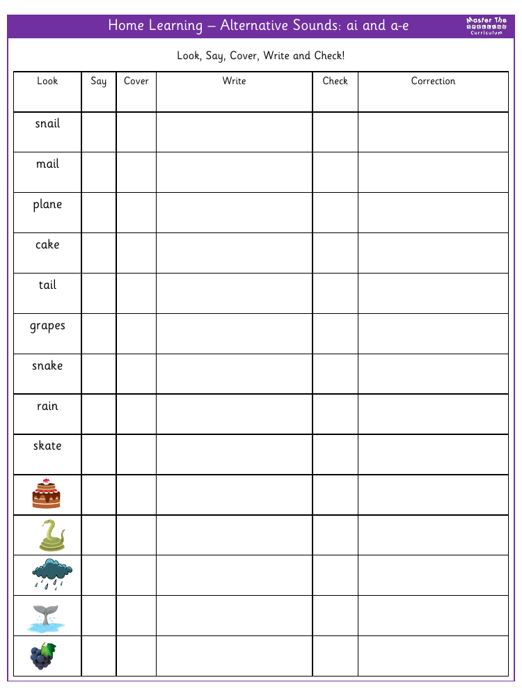 Spelling - Home learning alternative sounds ai, a-e