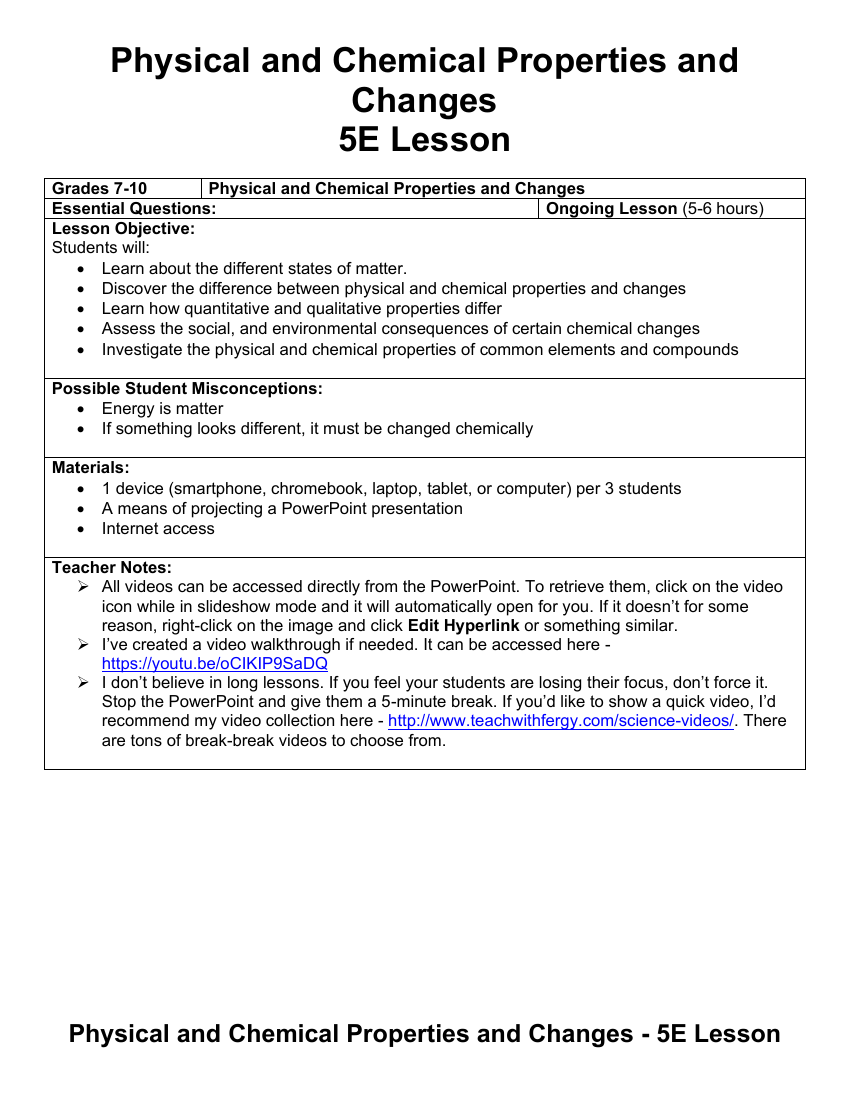 Physical and Chemical Properties and Changes - Teaching Timeline