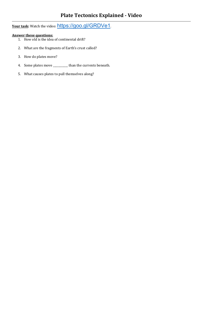 Plate Tectonics Explained Video Worksheet