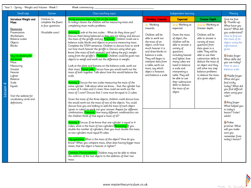 Weight and volume - Weight and mass problems - Planning