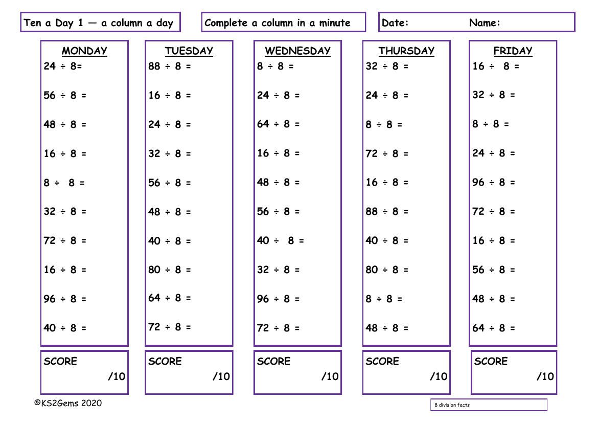 Ten a Day 8 Division Facts