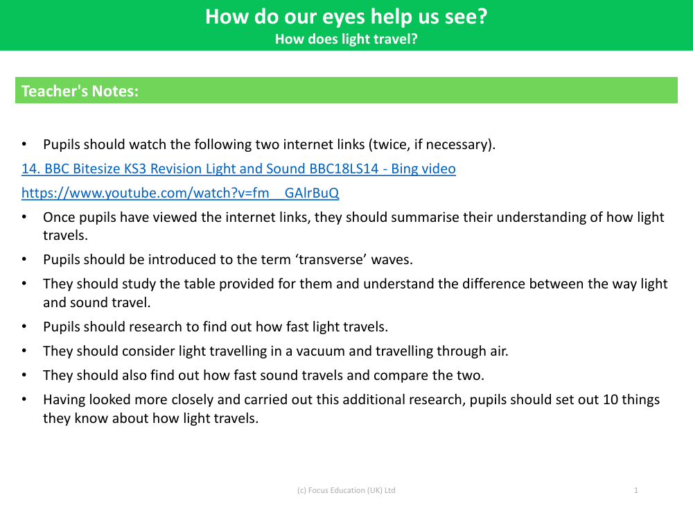 How does light travel? - Teacher's Notes