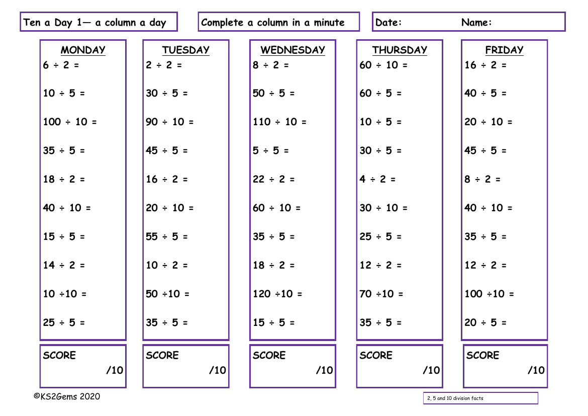 Ten a Day 2, 5, & 10 Division Facts