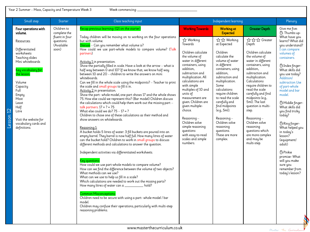 Mass, Capacity, Temperature - Four operations with volume - Planning