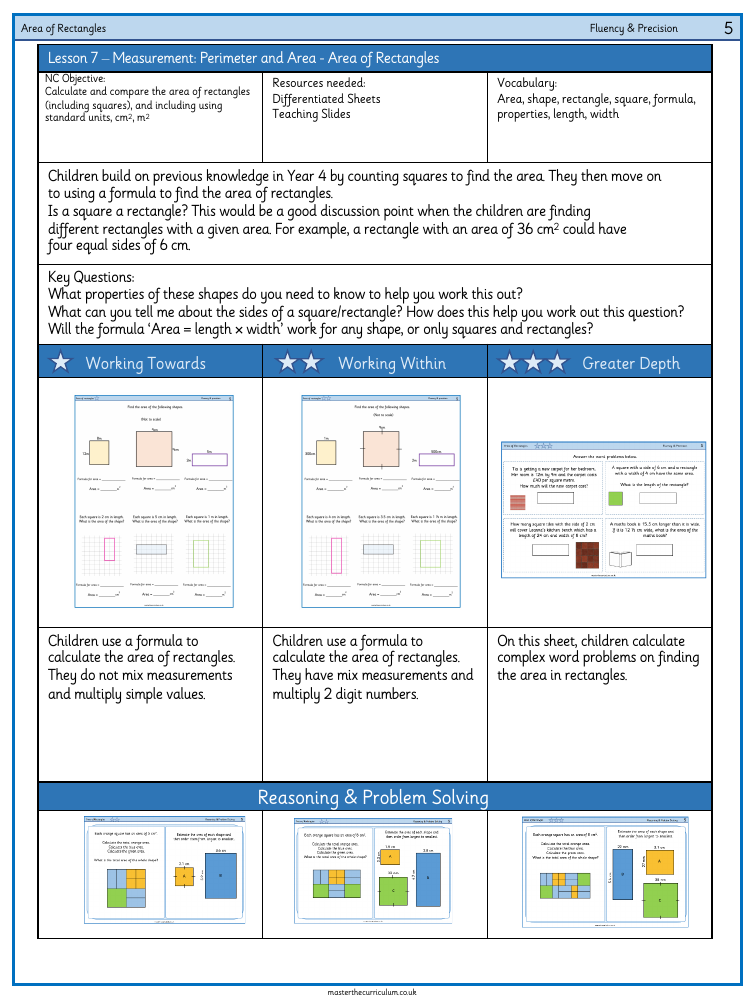 Perimeter and Area - Area of Rectangles - Worksheet