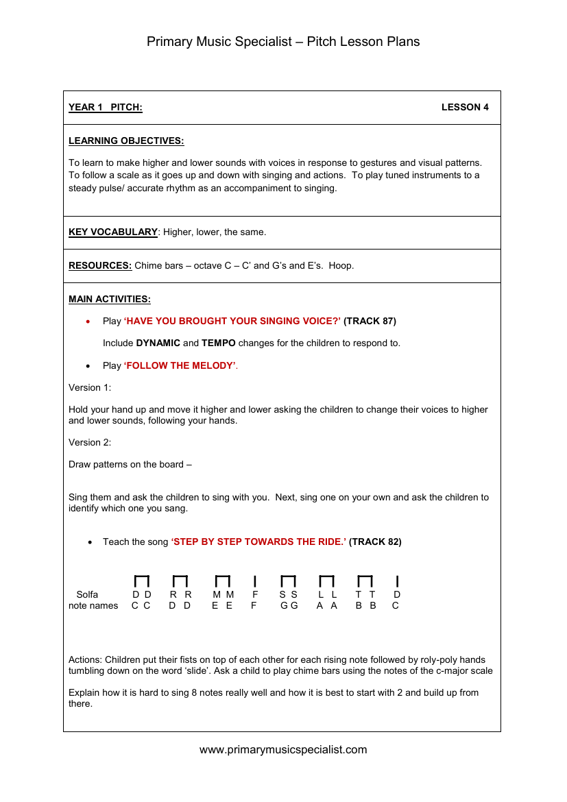 Pitch Lesson Plan - Year 1 Lesson 4