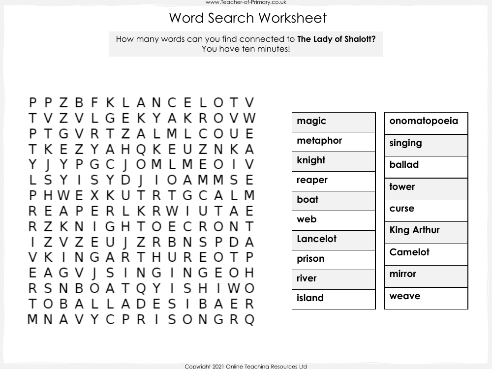 The Lady of Shalott - Lesson 8 - Word Search Worksheet