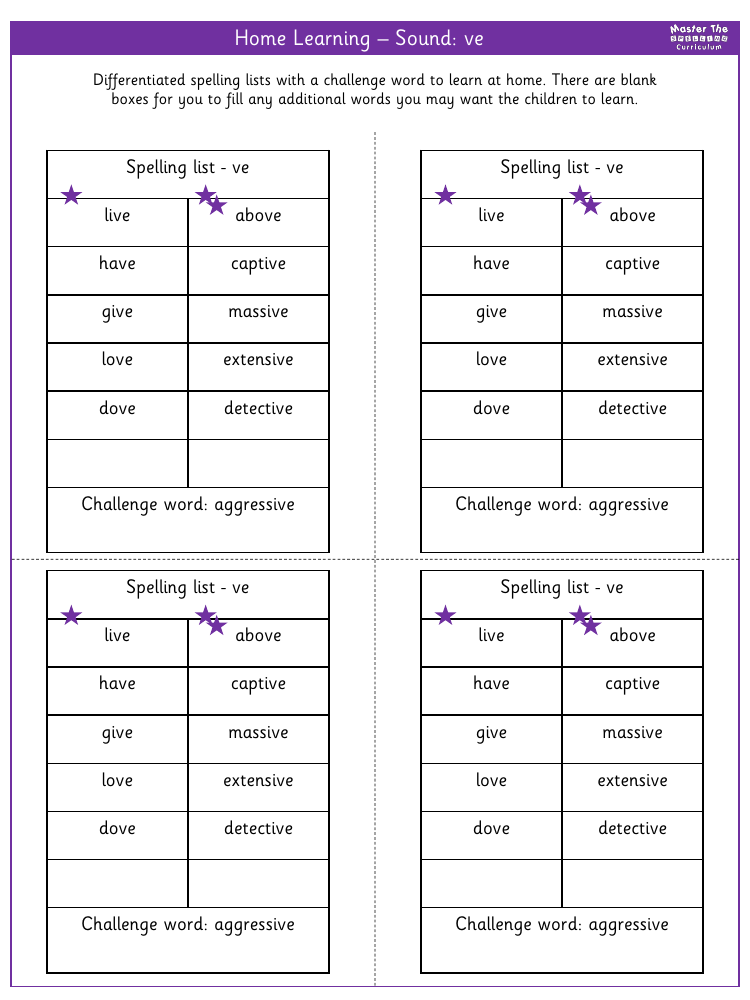 Spelling - Home learning - Sound ve