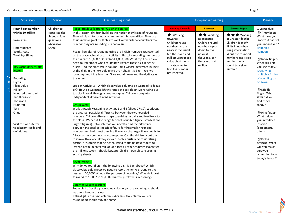 Place Value - Round any number within 10 million - Planning