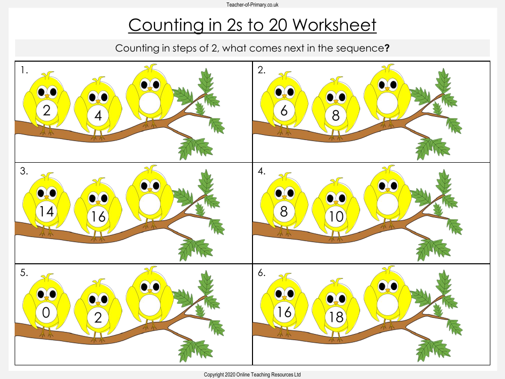 Counting in 2s to 20 - Worksheet