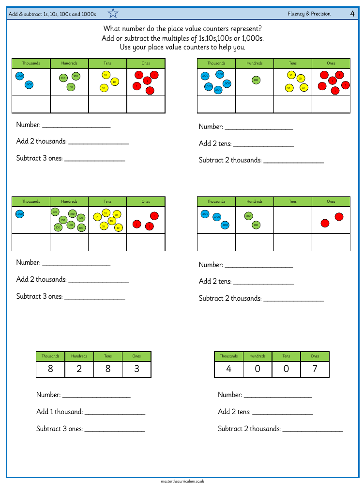 Addition and Subtraction - Add and subtract multiples – 1s, 10s, 100s, 1000s - Worksheet