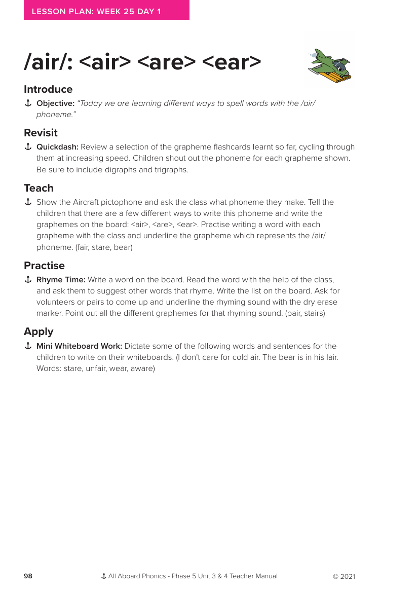 Week 25, lesson 1 Phonemes "air, ear,are" - Phonics Phase 5, unit 3 - Lesson plan