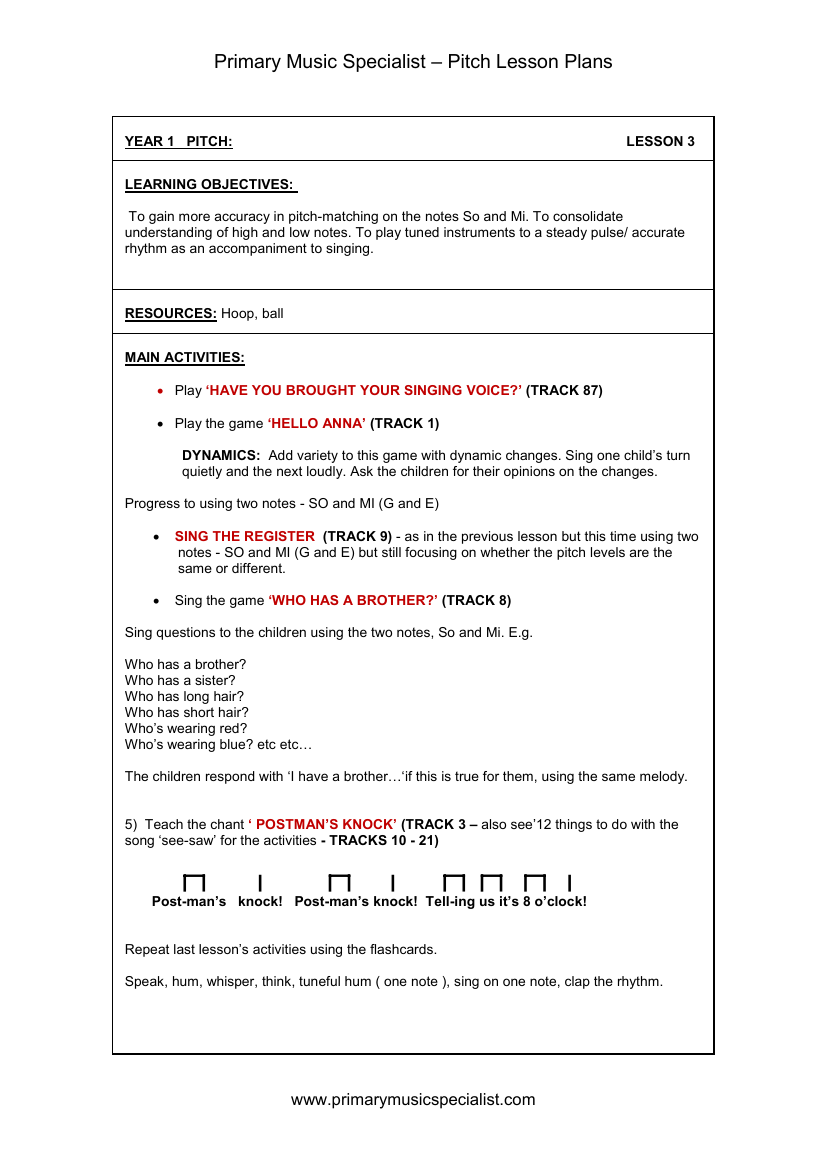 Pitch Lesson Plan - Year 1 Lesson 3