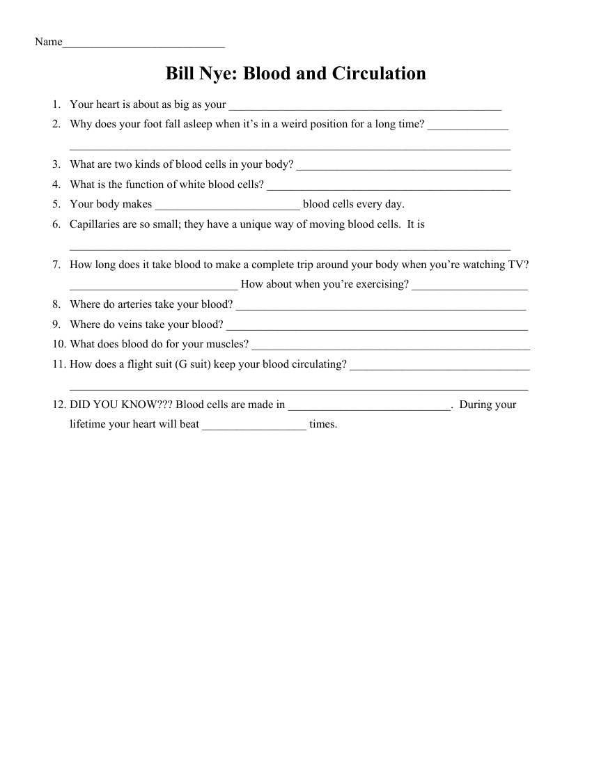 Bill Nye - Blood and Circulation Worksheet with Answers