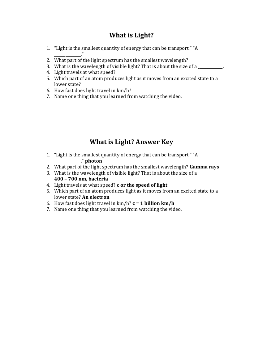 What is Light? Worksheet with Answers