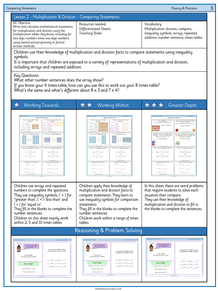 Multiplication and division - Comparing Statements - Worksheet