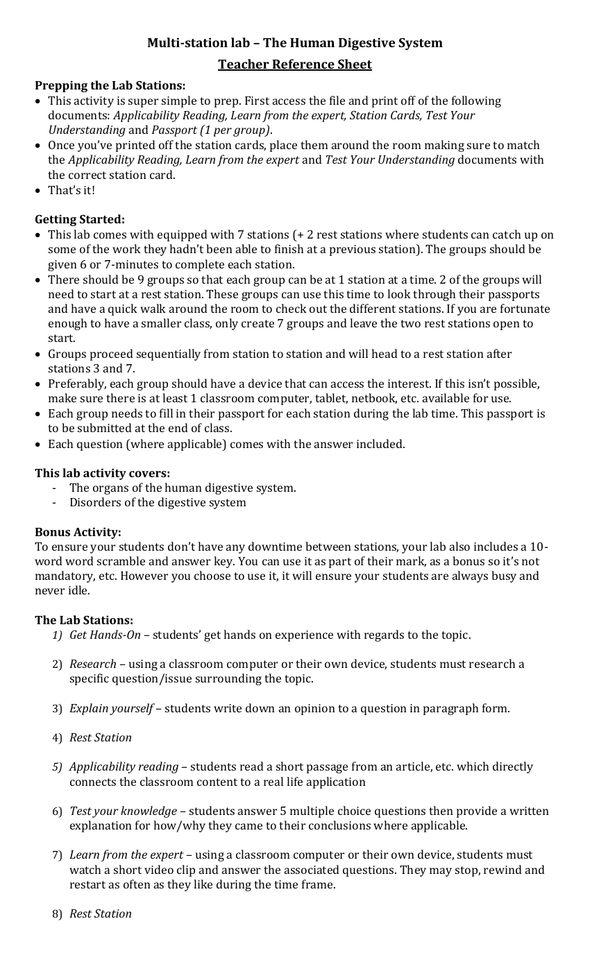 The Human Digestive System - Activity Instructions