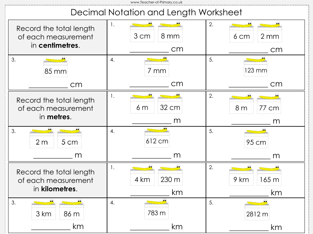 Measurement and Decimal Notation - Worksheet