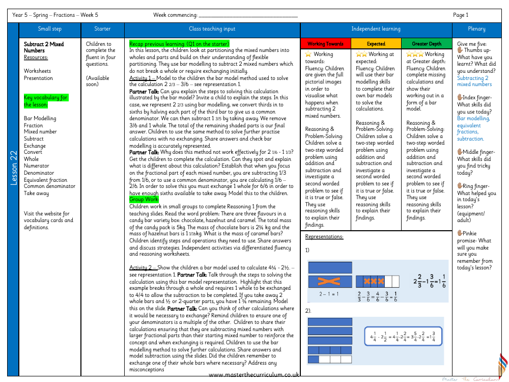 Fractions - Subtract 2 Mixed Numbers - Planning