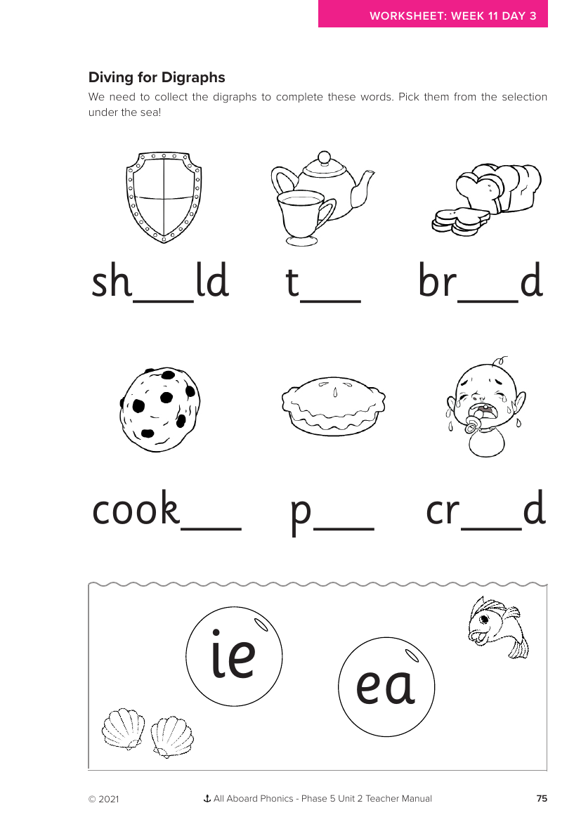 Week 11, lesson 3 Diving for Digraphs - Phonics Phase 5, unit 2 - Worksheet