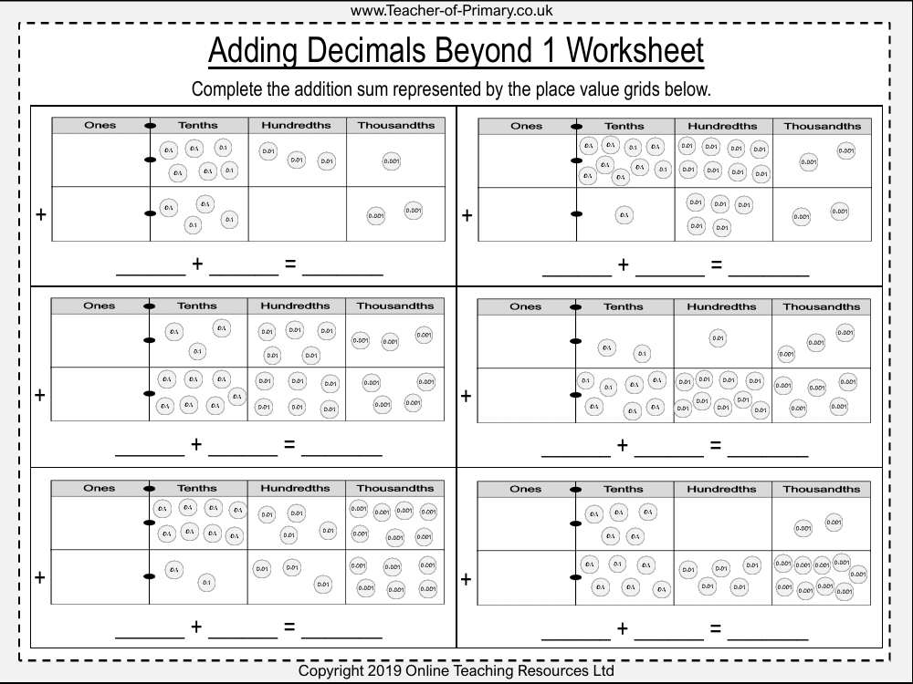 Adding Decimals Beyond 1  - Worksheet