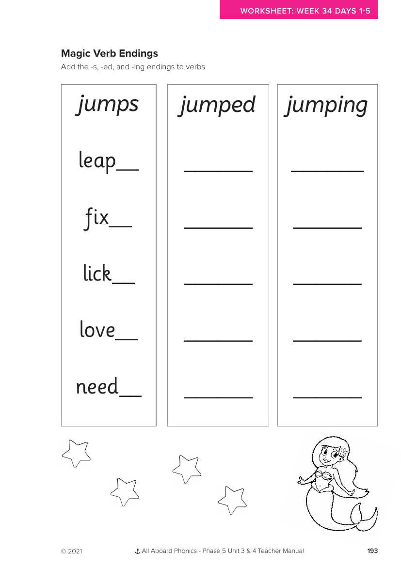 Week 34, lesson 1-5 Magic Verb Endings activity - Phonics Phase 5, unit 4 - Worksheet