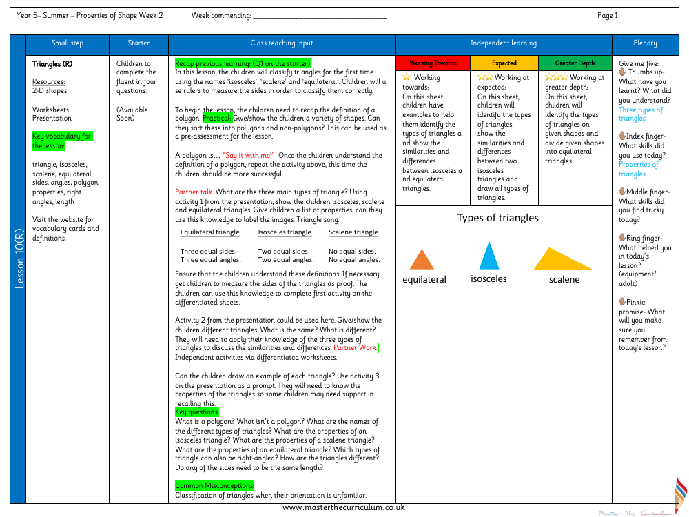 Properties of Shape - Triangles - Planning