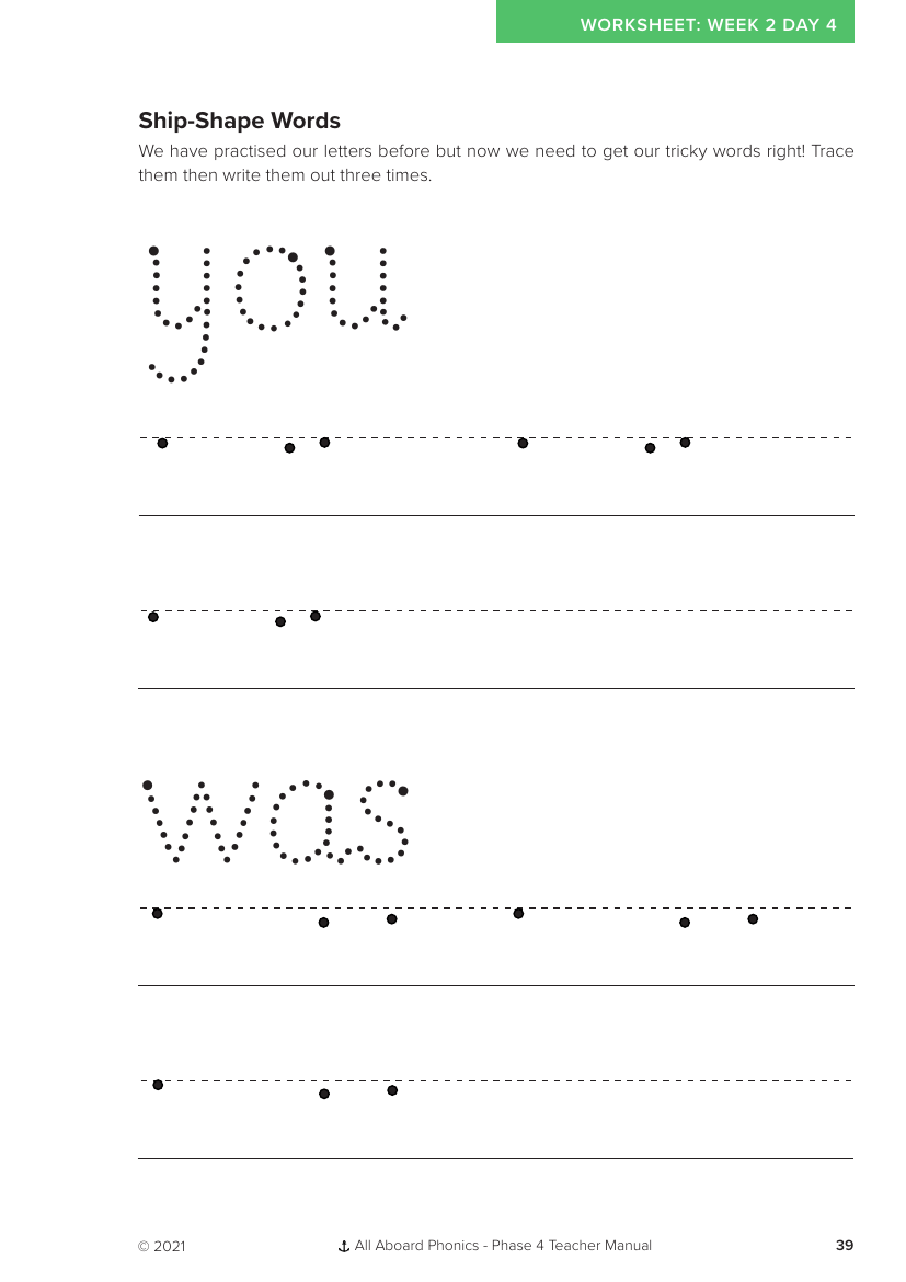 Week 2, lesson 4 Ship-Shape Words letter formation activity - Phonics Phase 4 - Worksheet