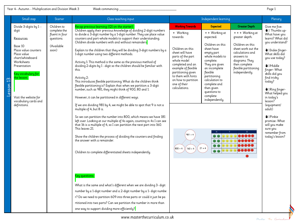 Multiplication and Division - Divide 3-digits by 1-digit - Planning