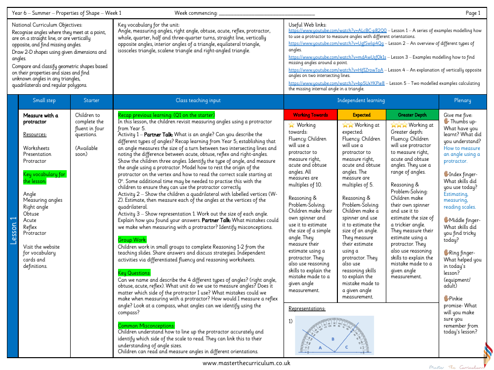 Properties of Shape - Measure with a Protractor - Planning