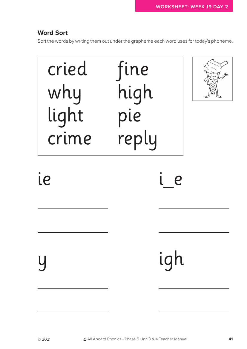 Week 19, lesson 2 Word Sort activity - Phonics Phase 5, unit 3 - Worksheet