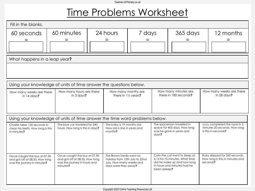 Time Problems - Worksheet