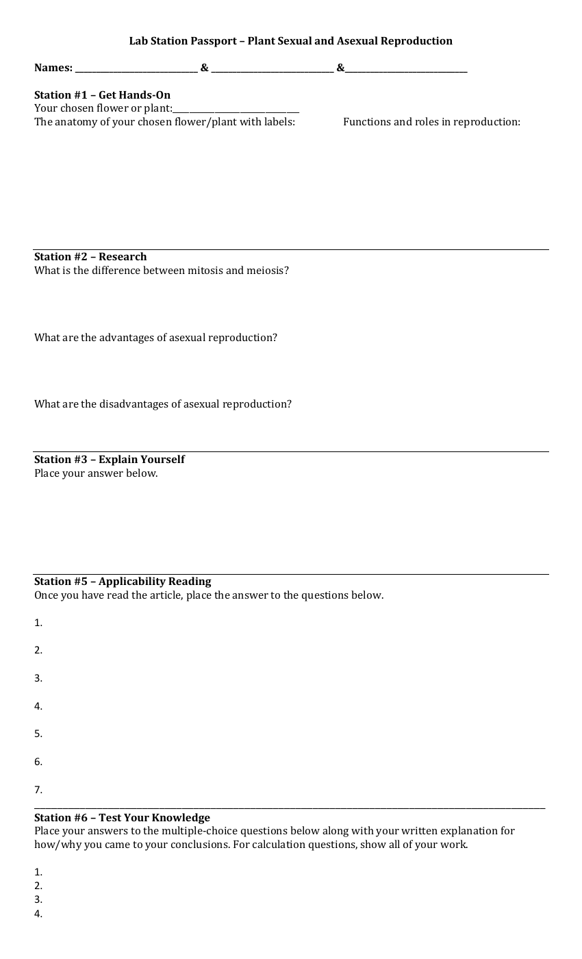 Plant Sexual and Asexual Reproduction - Lab Station Passport