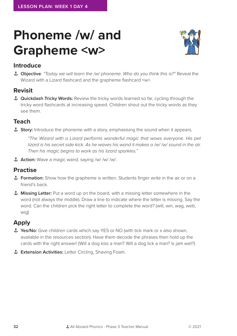 Week 1, lesson 4 Phoneme "w" and Grapheme "w" - Phonics Phase 3 - Lesson plan