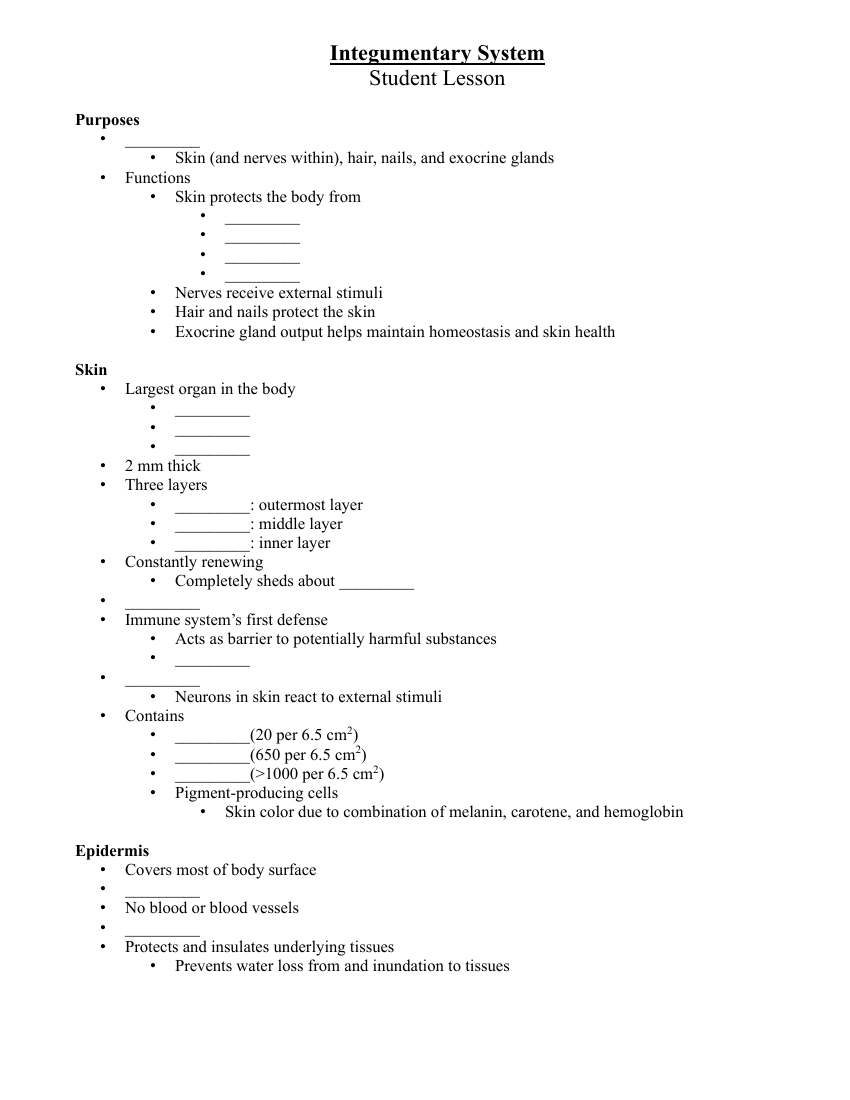 Integumentary System - Student Lesson Outline