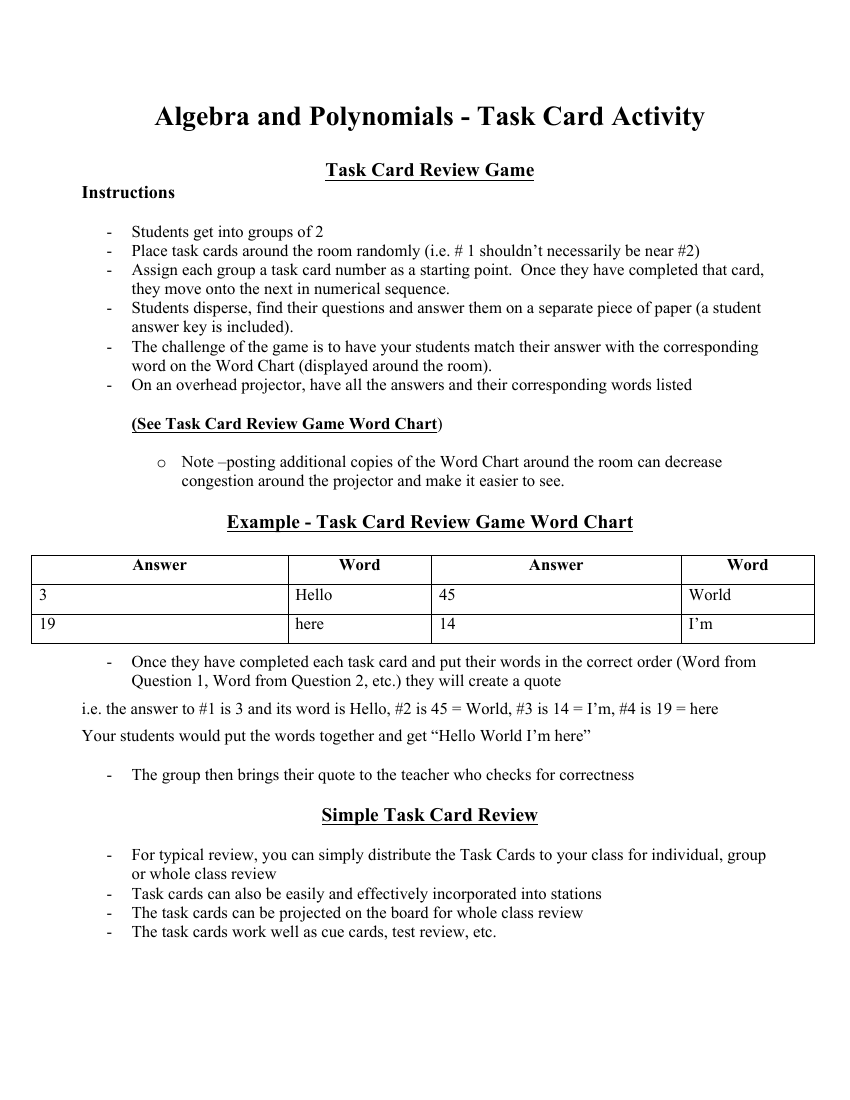 Algebra and Polynomials - Task Card Activity