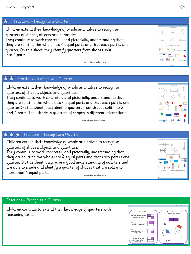 Fractions - Recognise a quarter - Worksheet