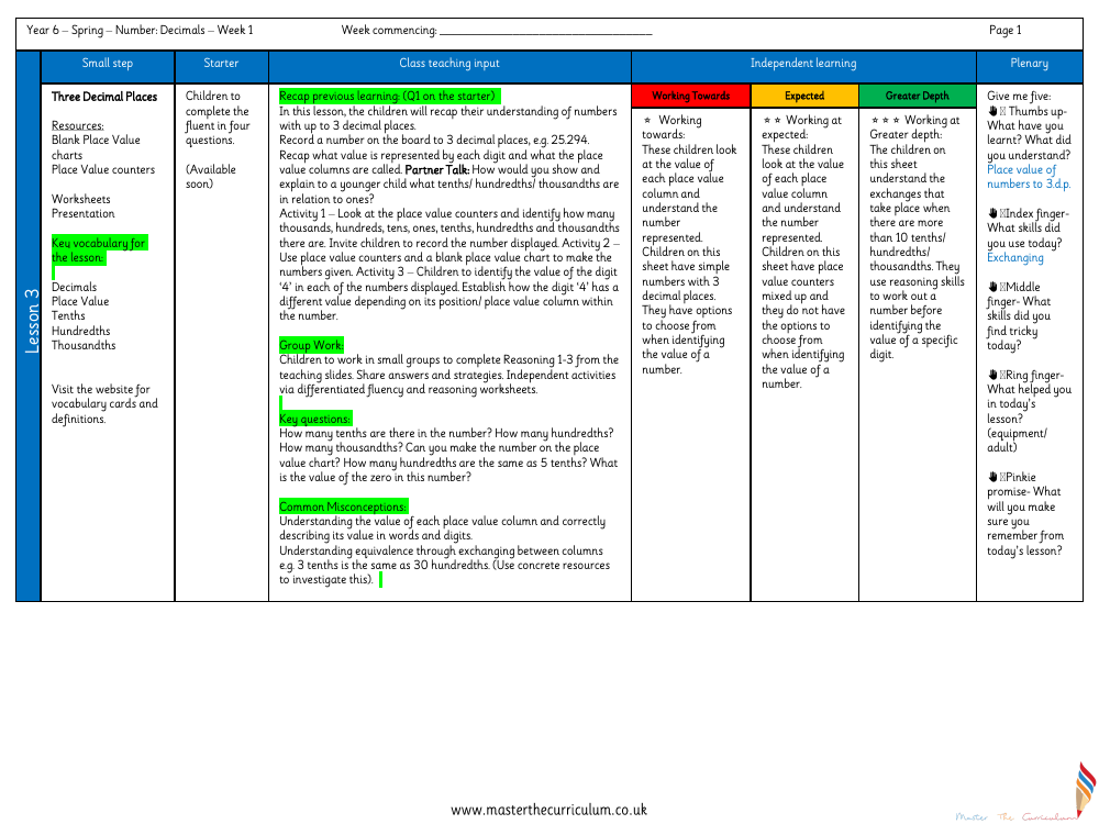 Decimal - Three Decimal Places - Planning