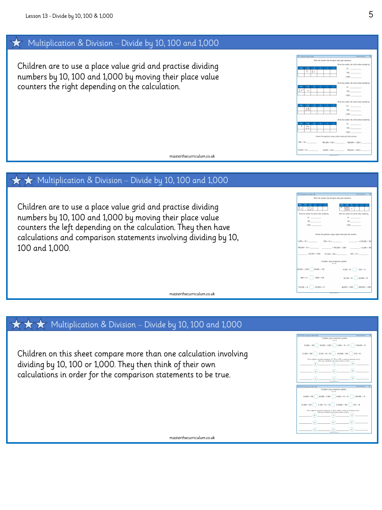 Multiplication and Division (1) - Divide by 10, 100 and 1,000 - Worksheet