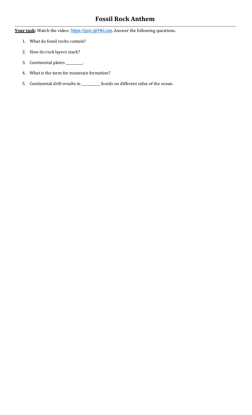 Fossil Rock Anthem Video Worksheet