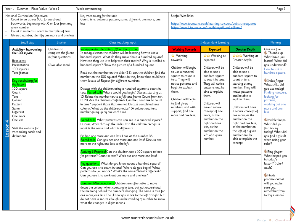 Place value within 100 - Introducing the 100 square - Planning