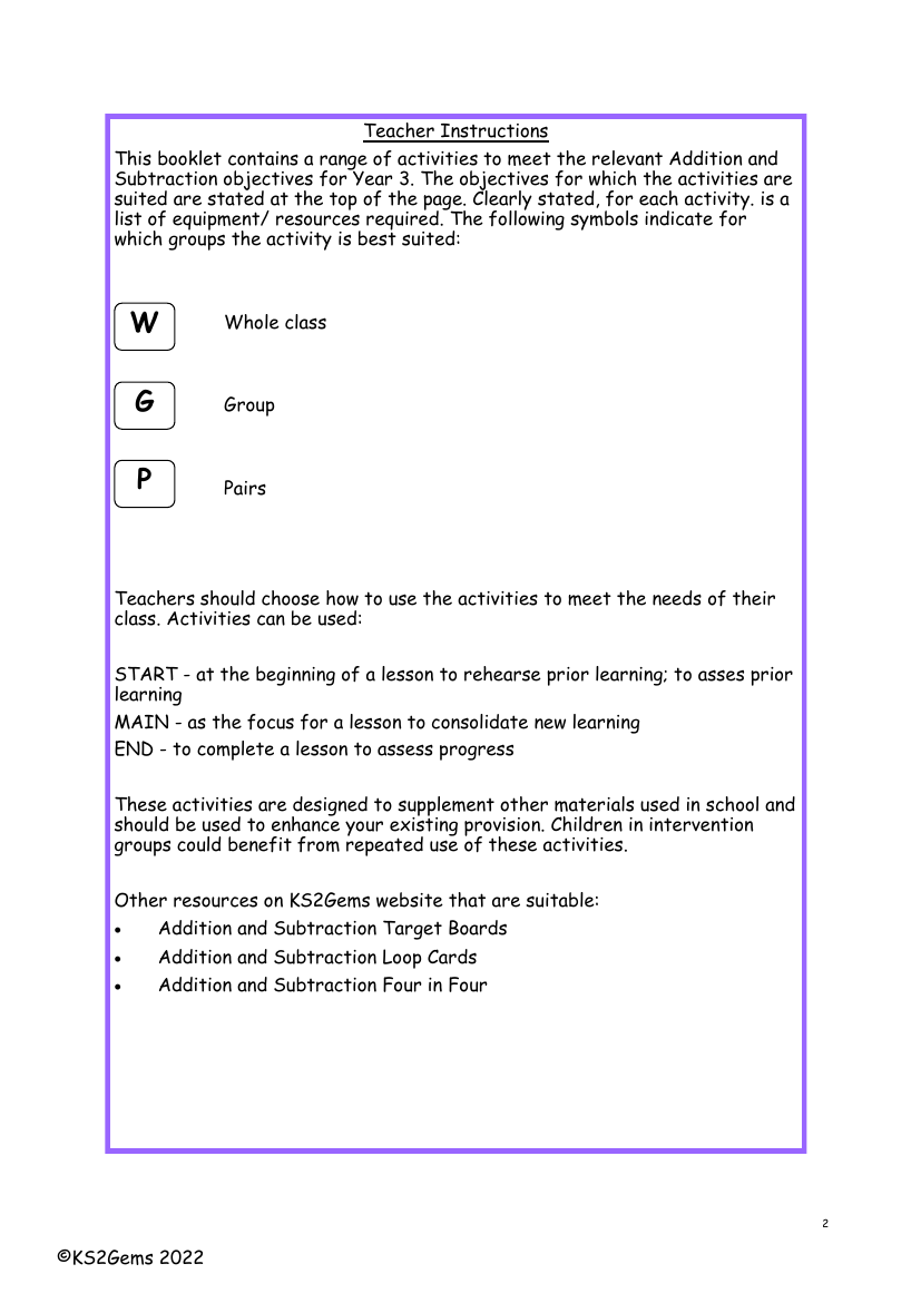 Addition and Subtraction teacher instructions