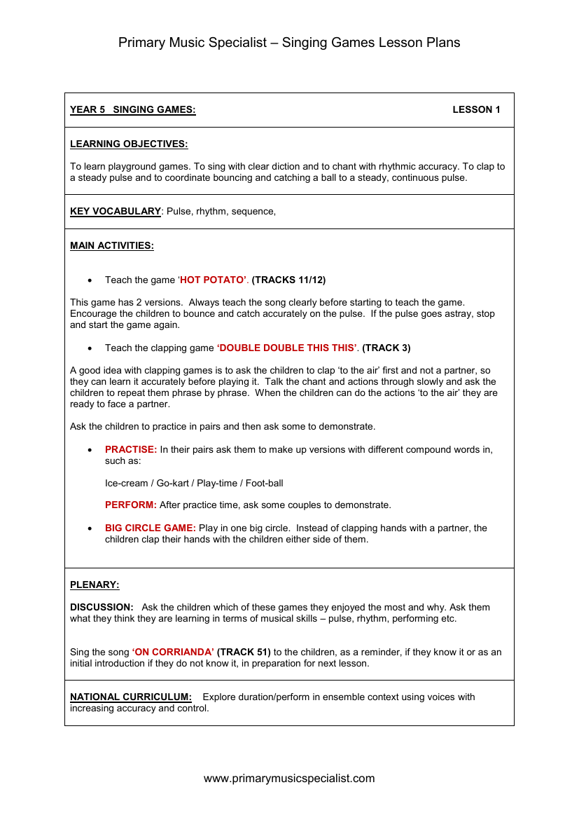 Singing Games Lesson Plan - Year 5 Lesson 1
