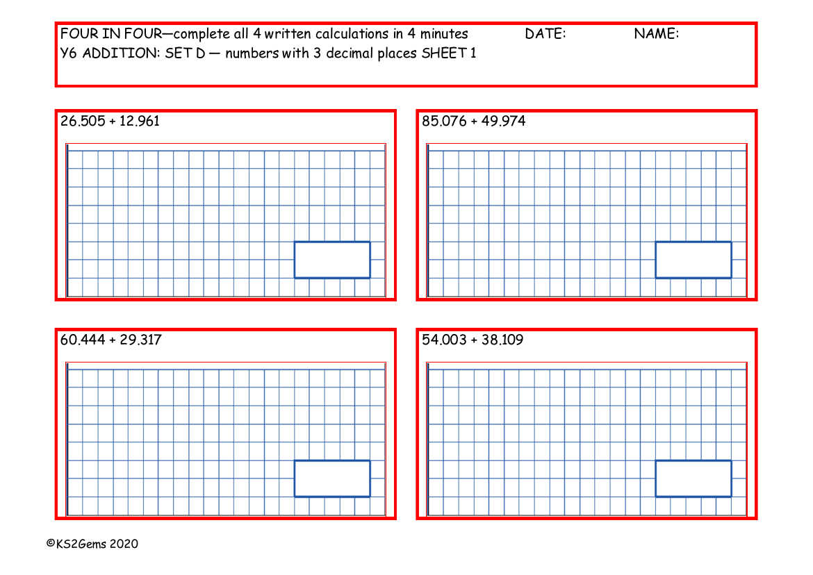 Four in Four - Addition Set D - numbers with 3 decimal places