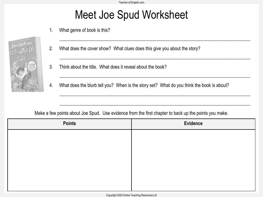 Billionaire Boy - Lesson 1 - Meet Joe Spud Worksheet