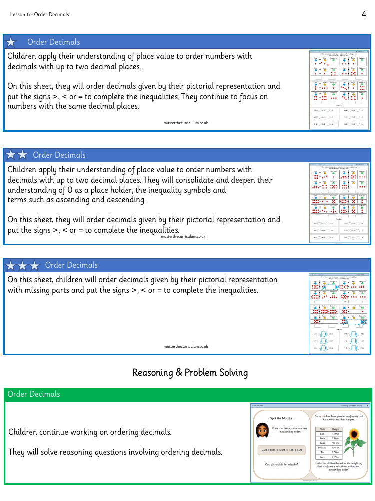 Decimals - Order Decimals - Worksheet