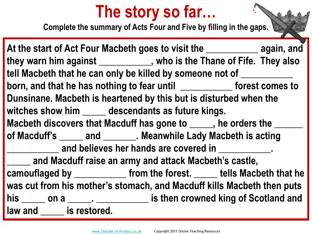 Macbeth - Lesson 22 - The Story so Far Worksheet