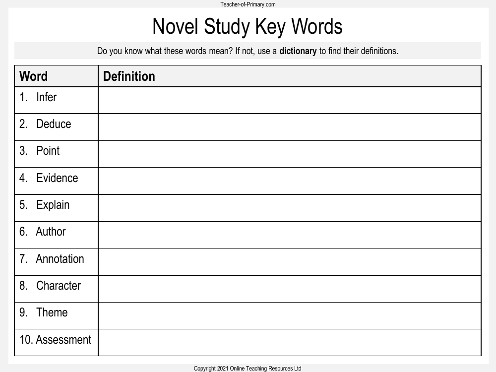 Charlotte's Web - Lesson 1 - Novel Study Key Words